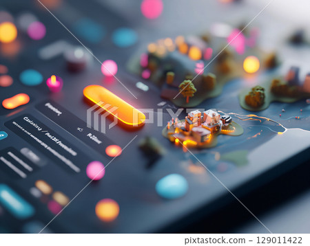 3D Digital concept. featuring a glowing button on a sleek travel app interface. AI Generated. 129011422