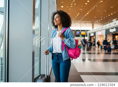 Radiant Traveler with Pink Backpack Gazing Hopefully in Sunlit Airport. 129011504