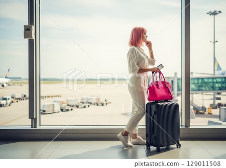 Wanderlust PinkHaired Woman with Luggage Gazing from Airport Window. Wanderlust PinkHaired Woman with Luggage Gazing from Airport Window. 129011508