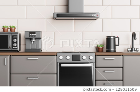Kitchen counter top with microwave oven, coffee machine, electric kettle, range hood on beige tile wall. 3d render table with wood countertop, gray cabinets, plants, sink and faucet. 3D illustration 129011509