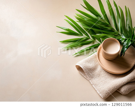 Organic skin care and spa concept with green palm leaves. serum bottle, shapmoo and stack of towels. AI Generated. 129011566