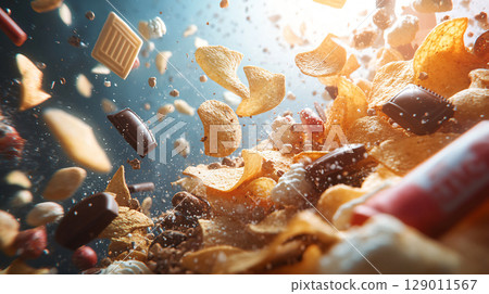 Potato chips in a stack on a dark background, cookies, and chocolates, spilling out of open bags. Graphic style. AI Generated. 129011567