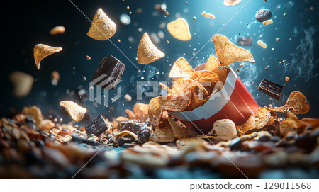 Potato chips in a stack on a dark background, cookies, and chocolates, spilling out of open bags. Graphic style. AI Generated. 129011568