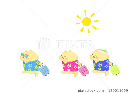 夏季度假之旅:水彩畫一隻戴著太陽和夏威夷襯衫的可愛貓咪 夏季度假之旅:水彩畫一隻戴著太陽和夏威夷襯衫的可愛貓咪 129011669