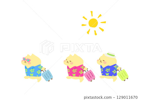 夏季度假之旅 — — 手繪插圖一隻戴著太陽和夏威夷襯衫的可愛貓咪 夏季度假之旅 — — 手繪插圖一隻戴著太陽和夏威夷襯衫的可愛貓咪 129011670