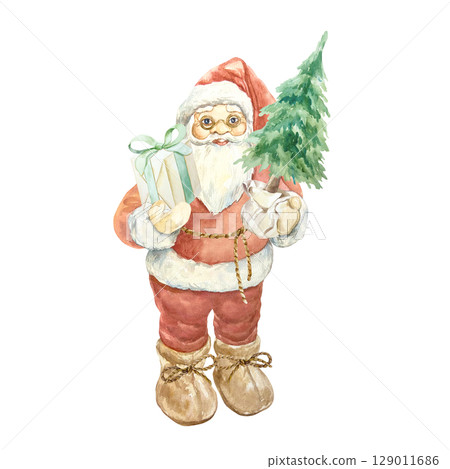 Santa Claus standing and holding Christmas tree in a pot and a box with a gift tied with a green ribbon watercolor isolated illustration. Hand drawn New Year clip art Santa Claus standing and holding Christmas tree in a pot and a box with a gift tied with a green ribbon watercolor isolated illustration. Hand drawn New Year clip art 129011686
