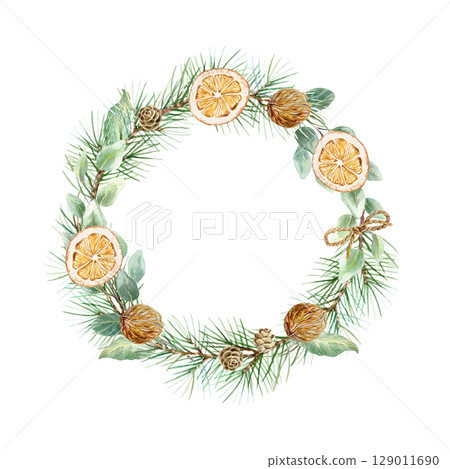 Christmas wreath with fir branches, eucalyptus, dried orange slices, pine cones and walnuts watercolor isolated illustration. Hand drawn pastel botanical New Year clip art in Scandinavian style. Christmas wreath with fir branches, eucalyptus, dried orange slices, pine cones and walnuts watercolor isolated illustration. Hand drawn pastel botanical New Year clip art in Scandinavian style. 129011690