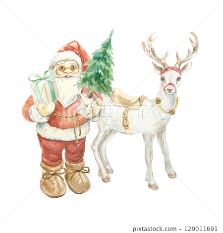 Santa Claus standing and holding a Christmas tree in a pot and a box with a gift and a white reindeer watercolor isolated illustration. Hand drawn New Year clip art in Scandinavian style. Santa Claus standing and holding a Christmas tree in a pot and a box with a gift and a white reindeer watercolor isolated illustration. Hand drawn New Year clip art in Scandinavian style. 129011691