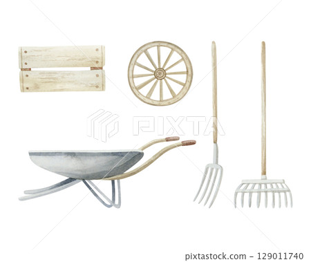 Watercolor gardening tools set isolated on white. Farm wheelbarrow, pitchfork, hay rakes, wooden wheel and crate box. Farming equipment clipart in pastel beige colors and simple style 129011740