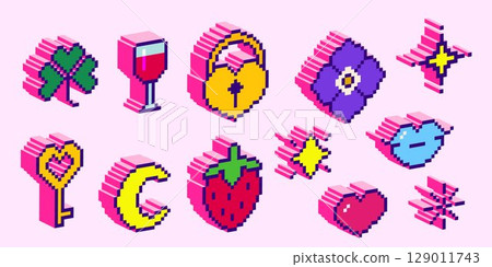 Isometric pixel art icons in 3d style 129011743