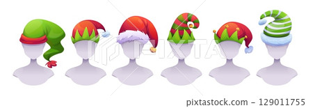 Christmas elf hats collection on mannequin heads 129011755