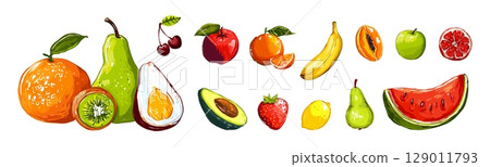 Juicy fruits set. Isolated banana apple pear strawberry avocado. Fruit and berry, exotic vitamin food. Harvest season, raw ingredients vector clipart 129011793