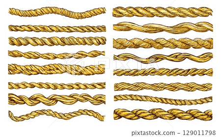 Isolated hand drawn rope borders. Decorative ropes, twisted threads sketch style. Drawing border for design cards, banners posters, vector clipart 129011798