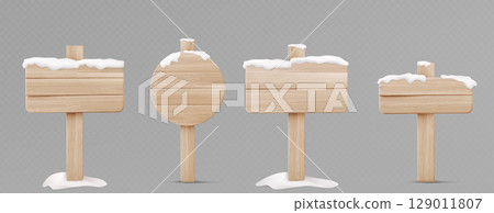 Wood board 3d signs covered with snow caps Wood board 3d signs covered with snow caps 129011807
