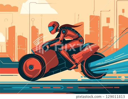 Futuristic style girl biker. Female character ride motorcycle in moto suit and helmet. Superhero woman, fast technologies in city vector illustration 129011813