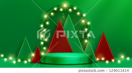 Xmas podium display with glowing bulb garland 129011814