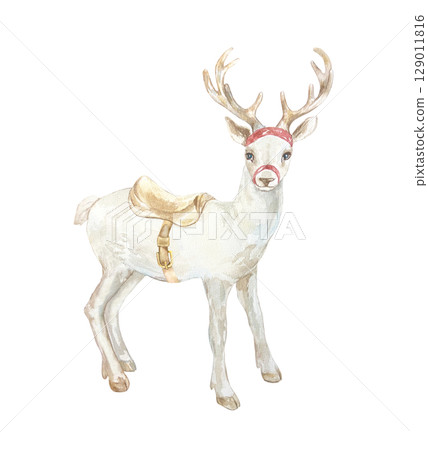 Christmas white Santa Claus reindeer with saddle. Hand drawn watercolor pastel animal illustration isolated on white. New Year clip art in Scandinavian style. 129011816
