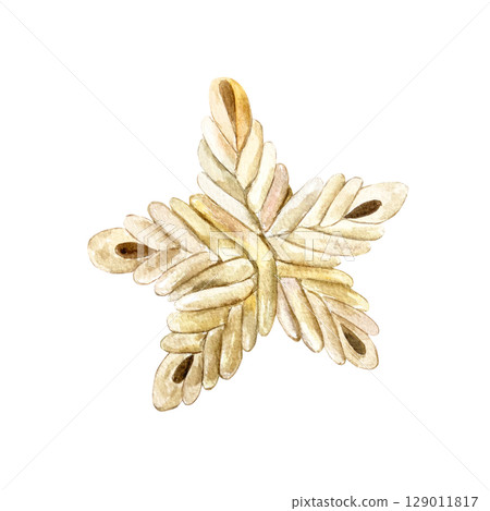 Christmas toy. Wicker star made of rattan used as home decor and for bouquets and candles. Hand drawn watercolor illustration isolated on white. For greeting New Year cards or invitations. 129011817