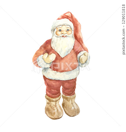 Santa Claus in traditional costume standing. Hand drawn watercolor illustration isolated on white. New Year and Christmas clip art. Santa Claus in traditional costume standing. Hand drawn watercolor illustration isolated on white. New Year and Christmas clip art. 129011818
