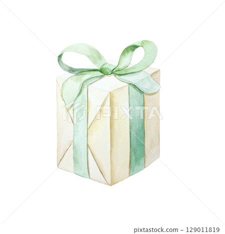 Gift box wrapped in craft paper, tied with a green ribbon. Hand drawn watercolor illustration isolated on white. Pastel Christmas and New Year clip art. Suitable for birthday. Gift box wrapped in craft paper, tied with a green ribbon. Hand drawn watercolor illustration isolated on white. Pastel Christmas and New Year clip art. Suitable for birthday. 129011819