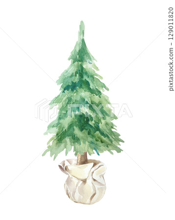 Rustic Christmas tree in a pot wrapped with beige paper watercolor isolated illustration. Hand drawn pastel botanical New Year clip art in Scandinavian style. Rustic Christmas tree in a pot wrapped with beige paper watercolor isolated illustration. Hand drawn pastel botanical New Year clip art in Scandinavian style. 129011820