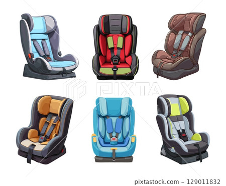 Child car seat. Isolated cartoon auto seats for kids. Children safety in travel in vehicle, support, health caring toddlers. Transportation vector elements Child car seat. Isolated cartoon auto seats for kids. Children safety in travel in vehicle, support, health caring toddlers. Transportation vector elements 129011832