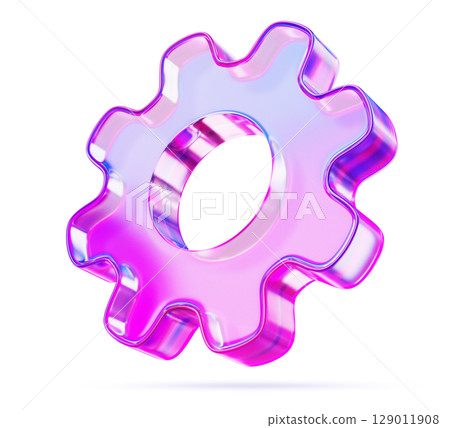 3d glass holographic gear icon with pink purple gradient render. Rainbow crystal cogwheel for settings interface. Technical support concept, ui element isolated on white background. 3D illustration 3d glass holographic gear icon with pink purple gradient render. Rainbow crystal cogwheel for settings interface. Technical support concept, ui element isolated on white background. 3D illustration 129011908