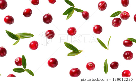 Red cranberries with green leaves, isolated, created with AI, PNG 129012250