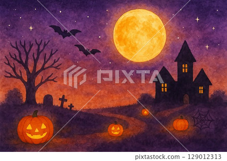 Watercolor Halloween background illustration (full moon and jack-o'-lantern) 129012313
