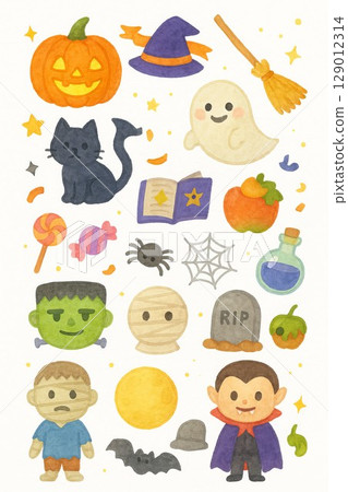 Watercolor Halloween icon set (pumpkin, ghost, witch, Frankenstein, black cat, etc.) Watercolor Halloween icon set (pumpkin, ghost, witch, Frankenstein, black cat, etc.) 129012314