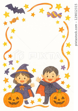 穿著服裝的兒童萬聖節框架（手繪，水彩風格） 129012315