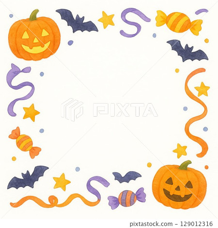 Watercolor Halloween border frame (pumpkin, bat, candy) Watercolor Halloween border frame (pumpkin, bat, candy) 129012316