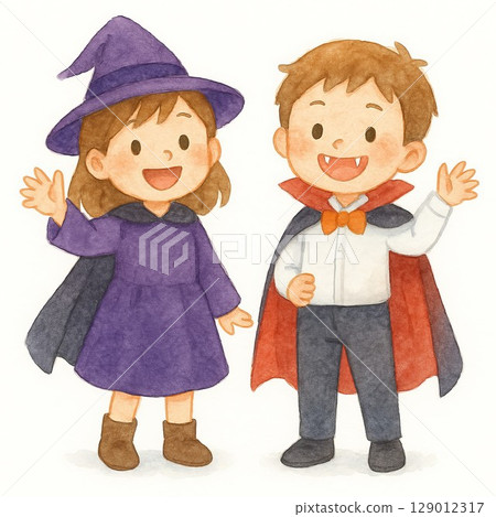 水彩萬聖節裝扮的兒童(女巫和德古拉) 水彩萬聖節裝扮的兒童(女巫和德古拉) 129012317