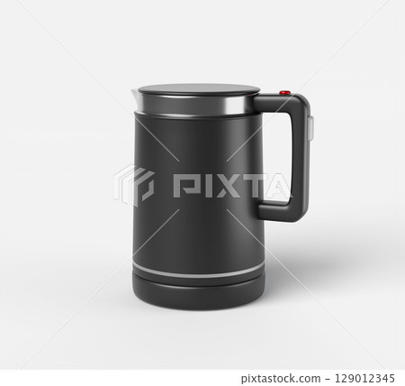 Kitchen electric kettle 3d render icon. Fast boiling water heater for coffee or tea. Modern home appliance, black silver teapot speed boil with handle and button isolated on white bg. 3D illustration Kitchen electric kettle 3d render icon. Fast boiling water heater for coffee or tea. Modern home appliance, black silver teapot speed boil with handle and button isolated on white bg. 3D illustration 129012345