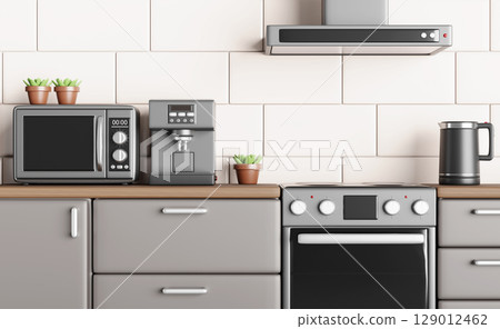 Kitchen wooden table top with coffee machine, electric kettle, microwave oven and plants 3d render. Modern room interior with grey cabinets, gas stove, cooker hood on white tile wall. 3D illustration 129012462