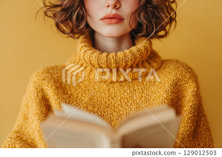 Woman in yellow sweater reading book against yellow wall 129012503