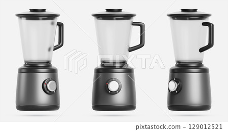 3d electric blender in different angles. Mixer, crush ice for smoothie, juice and shakes. Kitchen appliance, juicer with glass jar for fresh fruit drink, isolated render icon set. 3D illustration 129012521