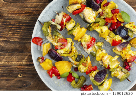 BBQ Fish Skewers with Vegetables. BBQ Fish Skewers with Vegetables. 129012620