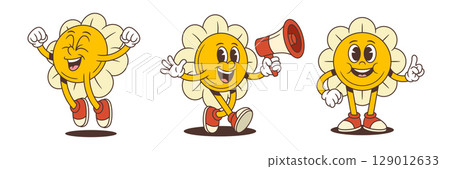 Cheerful Cartoon Flower Mascots Jumping Megaphone Waving And Pointing Wearing Sneakers Vector Illustration 129012633