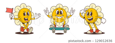 Cheerful Cartoon Flower Mascots Holding Flags Riding Skateboards Making Peace Signs Wearing Red Sneakers 129012636
