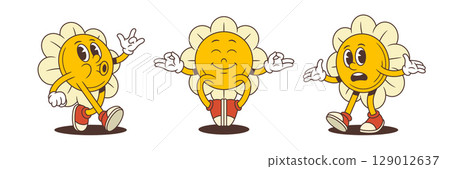Cheerful Cartoon Flower Mascots Showing Whistling Meditation Confusion Expressive Faces Wearing Red Sneakers Vector Illustration 129012637