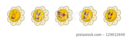 Playful Cheerful Cartoon Flower Mascot Characters With Diverse Expressions And Stylish Accessories Bright Vector Illustration 129012640
