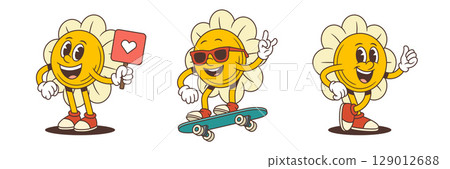 Cool Cartoon Flower Mascots With Skateboard Peace Sign And Heart Poster Vector Illustration Cool Cartoon Flower Mascots With Skateboard Peace Sign And Heart Poster Vector Illustration 129012688