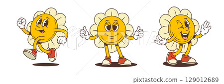 Funny Jumping Cartoon Flower Characters With Thumbs Up And Winking Faces Vector Illustration 129012689