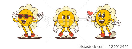Cartoon Flower Mascots With Heart Gesture Peace Pose And Thoughtful Mood Vector Illustration 129012691