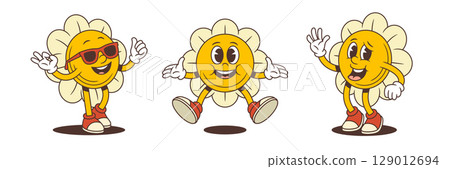 Cheerful Cartoon Flower Mascots With Sunglasses Jumping And Waving In Fun Poses Vector Illustration Cheerful Cartoon Flower Mascots With Sunglasses Jumping And Waving In Fun Poses Vector Illustration 129012694