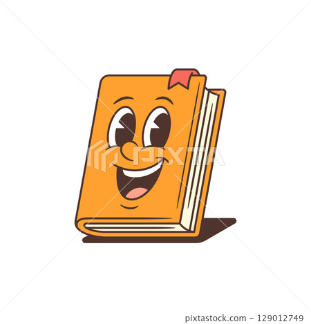 Smiling Cartoon Orange Book Mascot With Expressive Eyes And Red Bookmark Vector Illustration Smiling Cartoon Orange Book Mascot With Expressive Eyes And Red Bookmark Vector Illustration 129012749