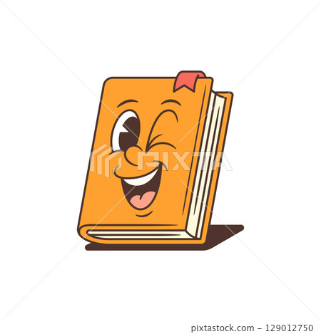 Playful Orange Cartoon Book Mascot With Winking Face And Bookmark Detail Vector Illustration Playful Orange Cartoon Book Mascot With Winking Face And Bookmark Detail Vector Illustration 129012750