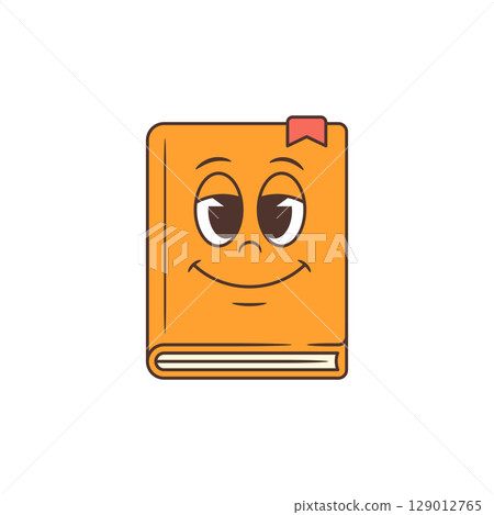 Joyful Playful Bright Orange Cartoon Book Mascot With Pink Bookmark And Friendly Expression Vector Illustration 129012765