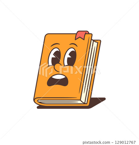 Cheerful Surprised Bright Orange Cartoon Book Mascot With Pink Bookmark And Expressive Face Vector Illustration Cheerful Surprised Bright Orange Cartoon Book Mascot With Pink Bookmark And Expressive Face Vector Illustration 129012767